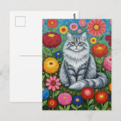 ふわふわとした灰色の縞模様の猫とフォークアートの花 ポストカード (正面/裏面)
