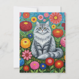 ふわふわとした灰色の縞模様の猫とフォークアートの花 ポストカード