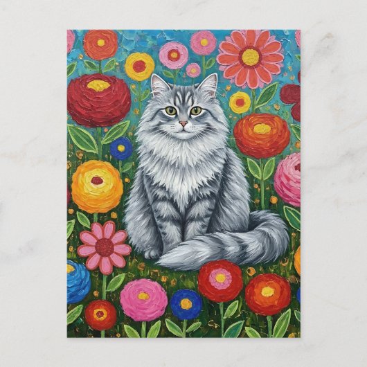 ふわふわとした灰色の縞模様の猫とフォークアートの花 ポストカード (正面)
