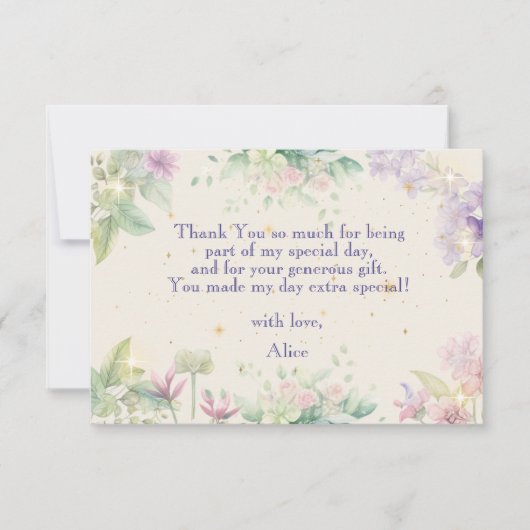 ふわふわと回る妖精の庭の水彩画の誕生日 サンキューカード (正面)