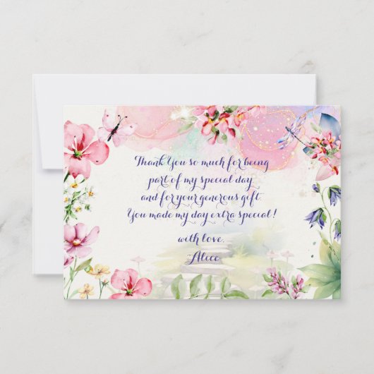 ふわふわと回る 妖精の庭園 水彩画の誕生日 サンキューカード (正面)