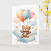 ふわふわと空に浮かぶかわいい水彩画のクマの赤ちゃんの空白カード カード (黄色い花)