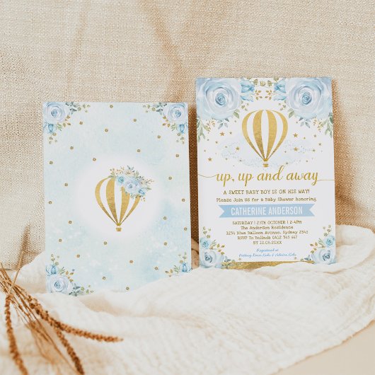 ふわふわと空へ 熱気球の男の子ベビーシャワー 招待状