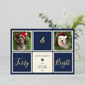 ふわふわと輝くネイビーブルー ゴールドホイルの写真の犬 箔シーズンカード (立ち正面)