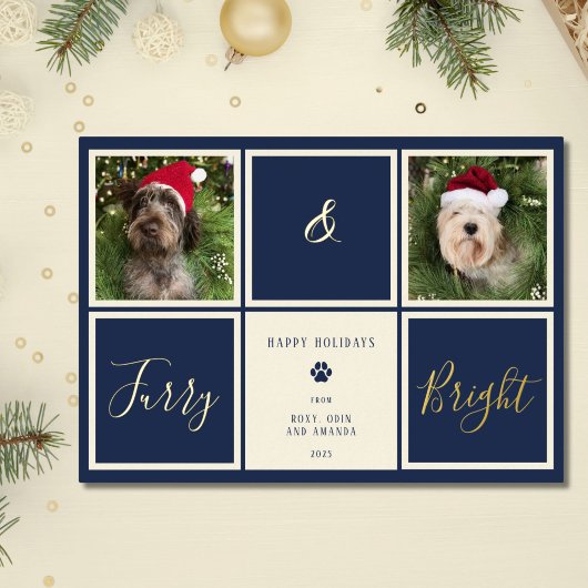 ふわふわと輝くネイビーブルー ゴールドホイルの写真の犬 箔シーズンカード