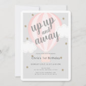 ふわふわと飛んでいく 1歳の女の子の誕生日ピンクの風船 招待状 (正面)