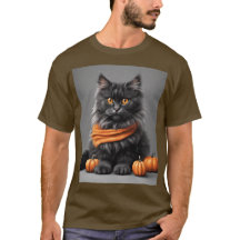 ふわふわなグレーのハロウィーンキャットブラウンTシャツ