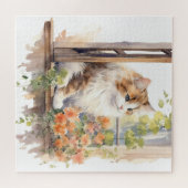 ふわふわねこファームハウスウィンドウオレンジ絵画フローラ ジグソーパズル (横)