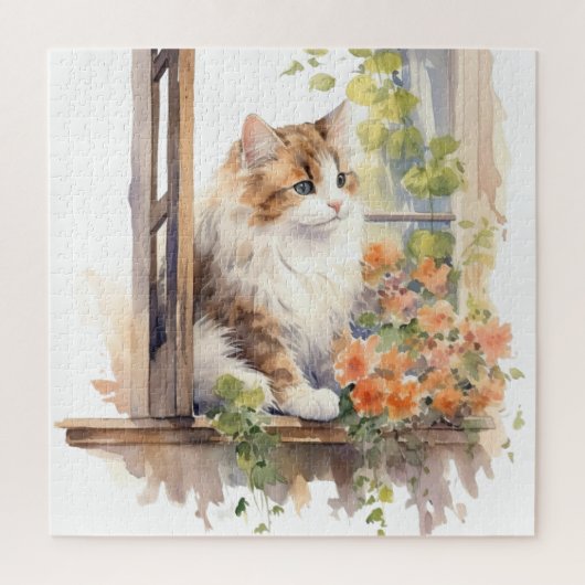 ふわふわねこファームハウスウィンドウオレンジ絵画フローラ ジグソーパズル (縦)