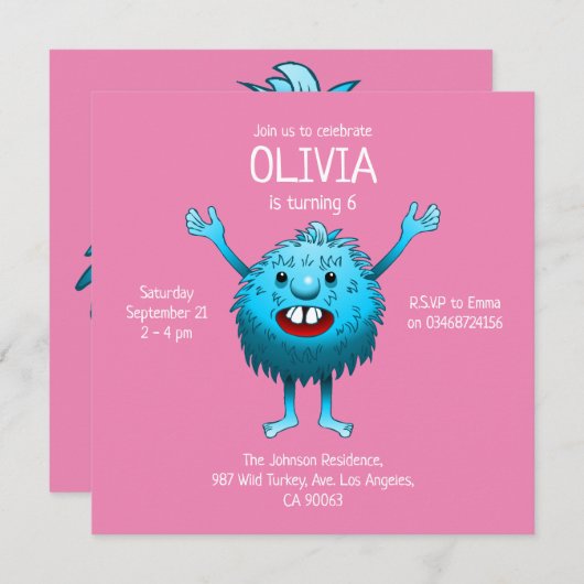 ふわふわのかわいいモンスターの誕生日の招待状 招待状 (正面/裏面)