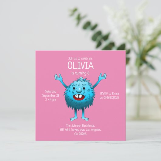 ふわふわのかわいいモンスターの誕生日の招待状 招待状 (スタンド正面)