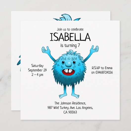 ふわふわのかわいいモンスターの誕生日の招待状 招待状 (正面/裏面)