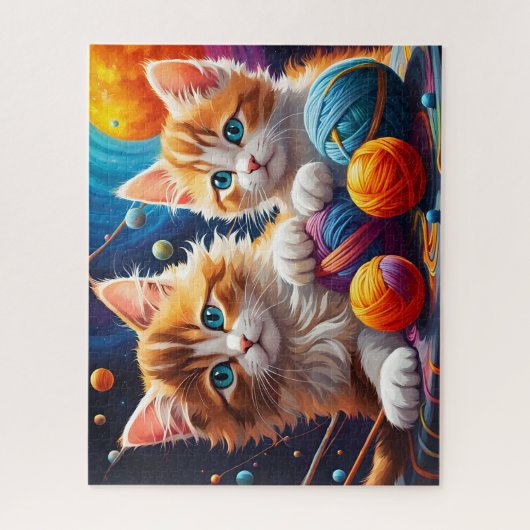 ふわふわのかわいい虎猫子猫カラフル糸，糸，宇宙 ジグソーパズル (縦)