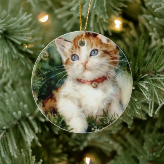 ふわふわのクリスマスキャット水彩 セラミックオーナメント (ツリー)