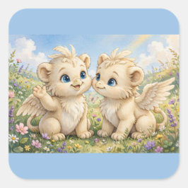 ふわふわのグリフィンの友達 - かわいい水彩幻想画 スクエアシール