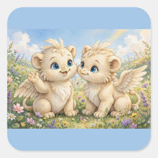 ふわふわのグリフィンの友達 - かわいい水彩幻想画 スクエアシール