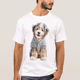 ふわふわのグレーのニットセーターを着た愛らしい子犬 Tシャツ