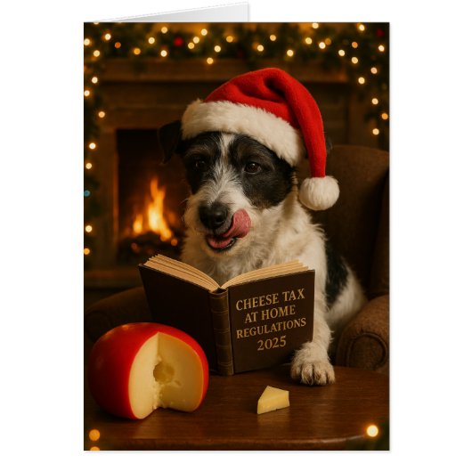 ふわふわのジャック・ラッセル・テリアの「チーズ税」クリスマスカード (正面)