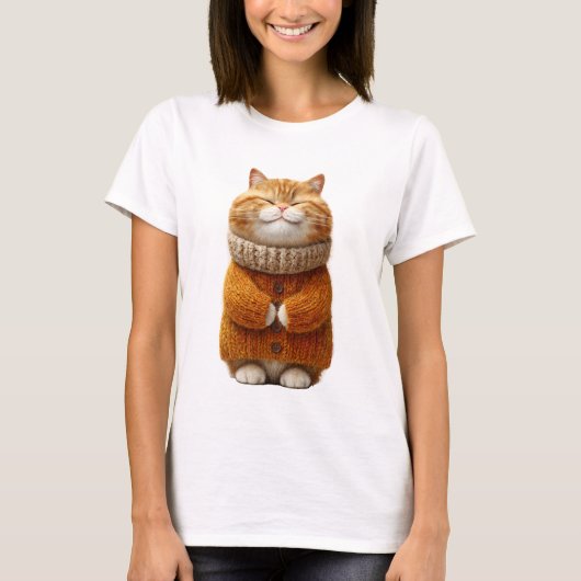 ふわふわのセーターを着たチャーミングなジンジャーの猫 3D Tシャツ (正面)