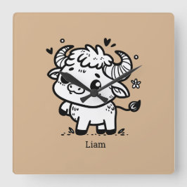 ふわふわのバッファローベビー-かわいいズファームアニマル スクエア壁時計