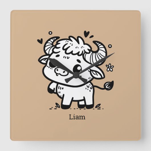 ふわふわのバッファローベビー-かわいいズファームアニマル スクエア壁時計 (正面)