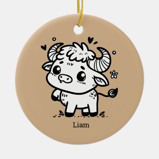 ふわふわのバッファローベビー-かわいいズファームアニマル セラミックオーナメント (正面)
