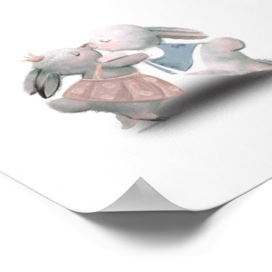 ふわふわのピンクとブルーのウサギが二つ入ったポスター ポスター (角)