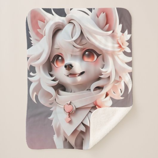 ふわふわのピンクと白い子犬 シェルパブランケット (正面)