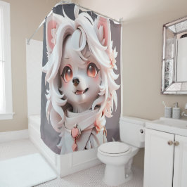 ふわふわのピンクと白い子犬 シャワーカーテン