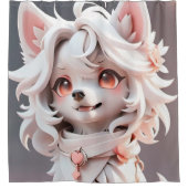 ふわふわのピンクと白い子犬 シャワーカーテン (正面)