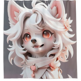 ふわふわのピンクと白い子犬 シャワーカーテン