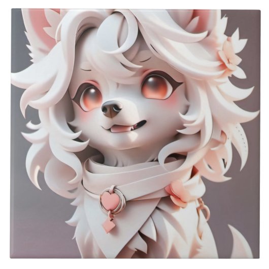 ふわふわのピンクと白い子犬 タイル (正面)