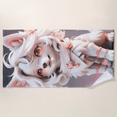 ふわふわのピンクと白い子犬 ビーチタオル (正面)