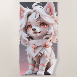 ふわふわのピンクと白い子犬 ビーチタオル