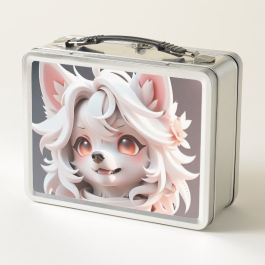 ふわふわのピンクと白い子犬 メタルランチボックス (裏面)