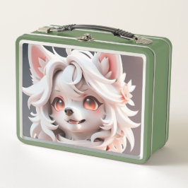 ふわふわのピンクと白い子犬 メタルランチボックス