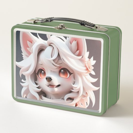 ふわふわのピンクと白い子犬 メタルランチボックス (正面)