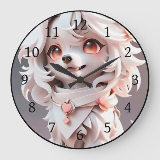 ふわふわのピンクと白い子犬 ラージ壁時計 (正面)