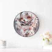 ふわふわのピンクと白い子犬 ラージ壁時計 (ホーム)