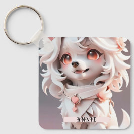 ふわふわのピンクと白の子犬カスタム キーホルダー