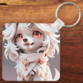 ふわふわのピンクと白の子犬カスタム キーホルダー (裏面)