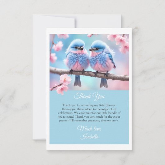 ふわふわのブルーバードとさくらんぼの花の赤ちゃんシャワー サンキューカード (正面)