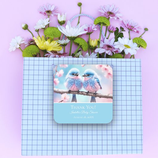 ふわふわのブルーバードとさくらんぼブロッサムベビーありがとう スクエアシール