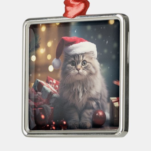 ふわふわのホリデークリスマスグレー虎猫子猫 メタルオーナメント (左)