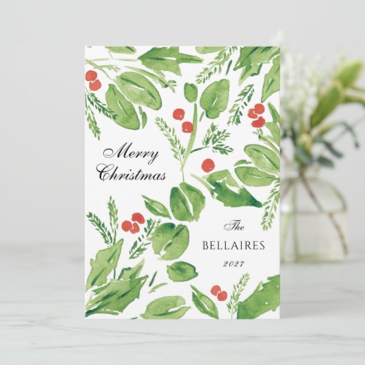 ふわふわのホリーデイ グリーンとレッドの水彩写真 シーズンカード (スタンド正面)