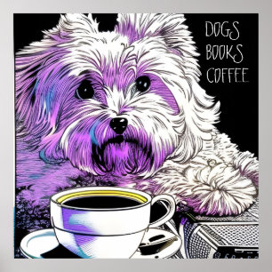ふわふわのボーモント犬、書籍、コーヒー編集可能文字 ポスター