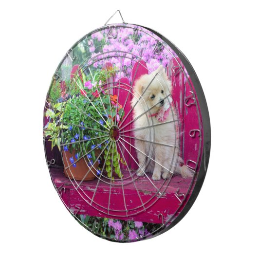 ふわふわのポメラニア犬パピオンガーデン素朴ベンチ ダーツボード (正面右)