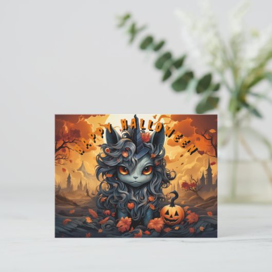 ふわふわのマネを使ったスポークハロウィンユニコーン シーズンポストカード (スタンド正面)