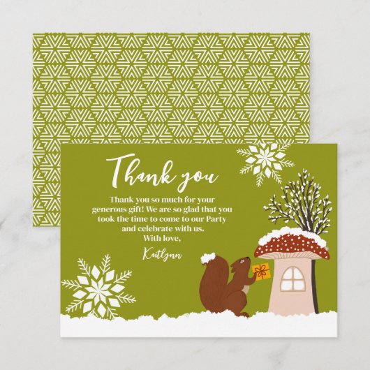 ふわふわのリスのギフト冬の赤ちゃんシャワーギフト サンキューカード (正面/裏面)