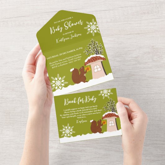 ふわふわのリスのギフト冬の赤ちゃんシャワー オールインワン招待状 (貼ってはがせる)